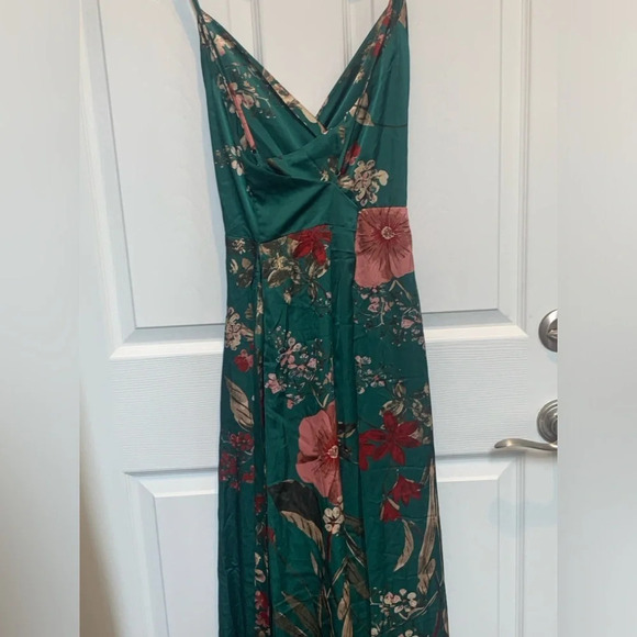 Lulu's Emerald Green Floral Wrap Maxi Dress with Pink & Red Accents - Picture 9 of 12